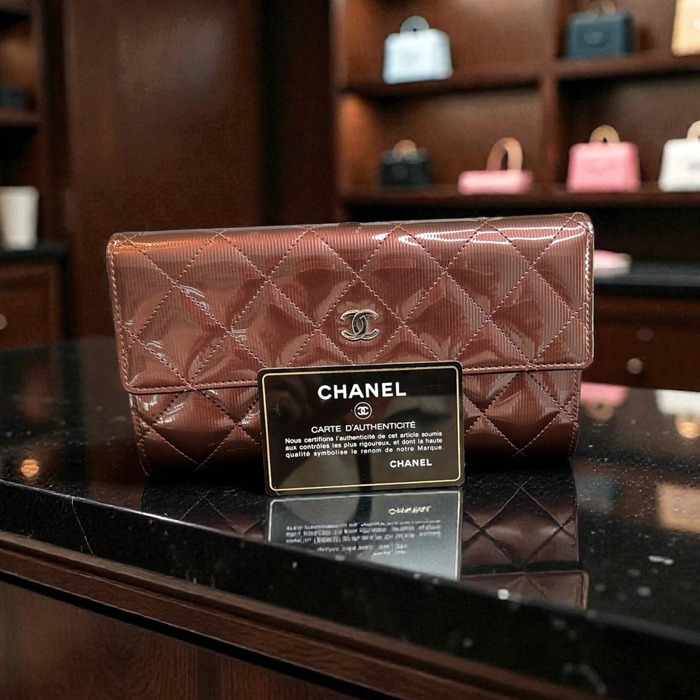 Chanel Matelasse Vertical Quilted Wallet in Plum with Silver Hardware